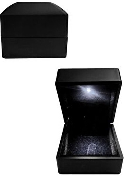 LED Işıklı Pırlanta Yüzük Kutusu Siyah Ahşap Görünümlü Soft Touch Kaplama