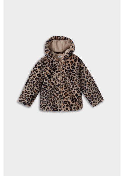 Kız Bebek Kapüşonlu Leopar Desenli Fermuarlı Pelüş Mont E7993A525AU