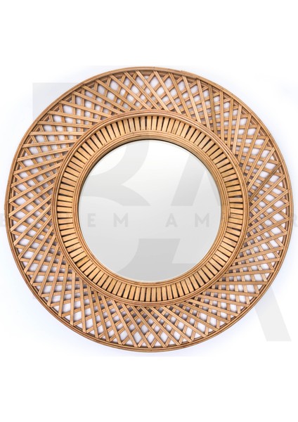 Yuvarlak Çapraz Desenli Bambu Rattan Ayna