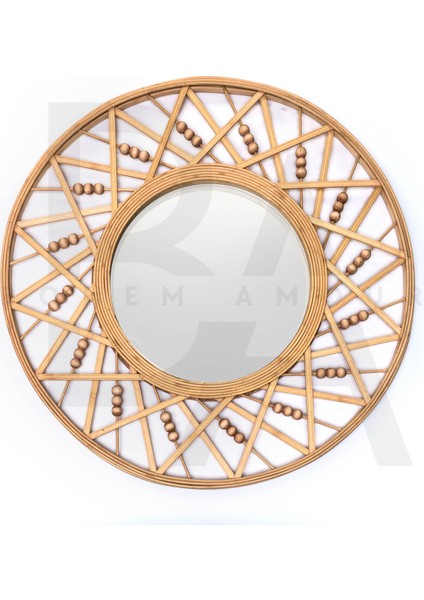 Yuvarlak Çapraz Boncuklu Bambu Rattan Ayna