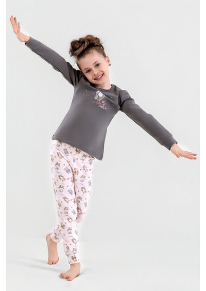Kız Çocuk Pamuklu Bisiklet Yaka Ayıcık Baskılı Uzun Kollu Pijama Takımı 9251 Füme
