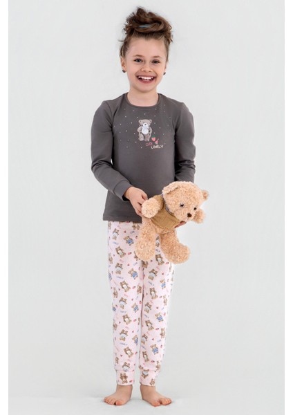 Kız Çocuk Pamuklu Bisiklet Yaka Ayıcık Baskılı Uzun Kollu Pijama Takımı 9251 Füme fiyatları
