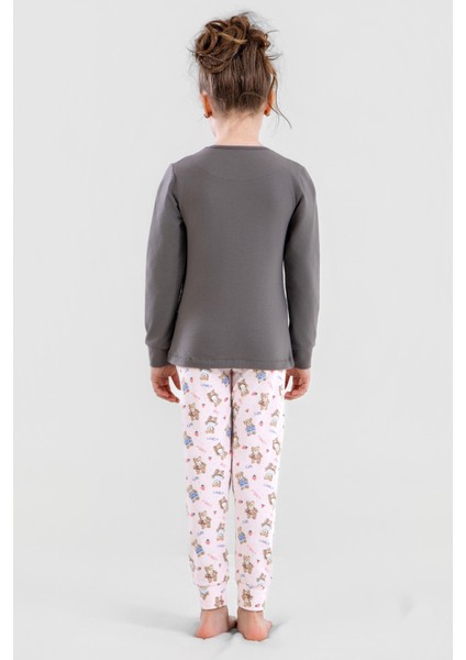 Kız Çocuk Pamuklu Bisiklet Yaka Ayıcık Baskılı Uzun Kollu Pijama Takımı 9251 Füme modelleri