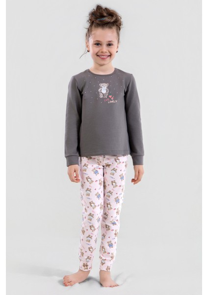 Kız Çocuk Pamuklu Bisiklet Yaka Ayıcık Baskılı Uzun Kollu Pijama Takımı 9251 Füme fırsatları