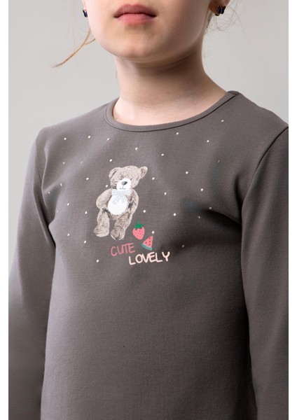 Kız Çocuk Pamuklu Bisiklet Yaka Ayıcık Baskılı Uzun Kollu Pijama Takımı 9251 Füme indirimleri