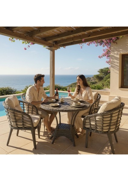 Kartepe 4 Sandalye+Sehpa Rattan Bahçe Balkon Takımı,gri Rattan/gri Kumaş