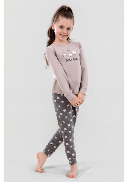 Kız Çocuk Pamuklu Bisiklet Yaka Kedi Baskılı Uzun Kollu Pijama Takımı 9248 Bej