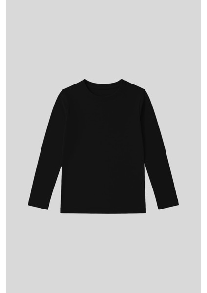 Siyah O Yaka Standart Fit Basic Uzun Kollu Unisex Çocuk T-Shirt - 11329