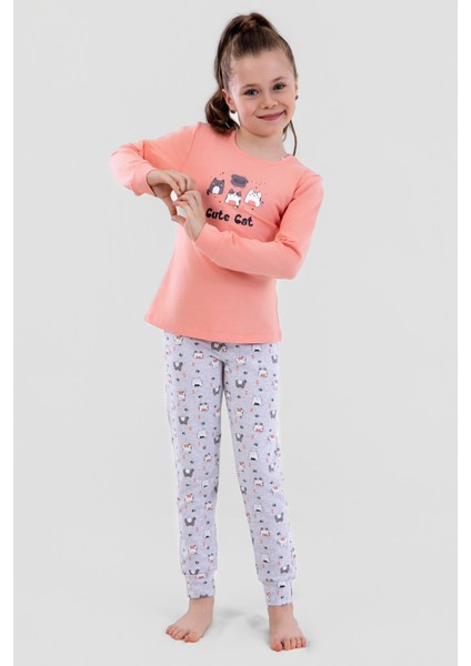 Kız Çocuk Pamuklu Bisiklet Yaka Kedi Baskılı Uzun Kollu Pijama Takımı 9248 Koyu Somon