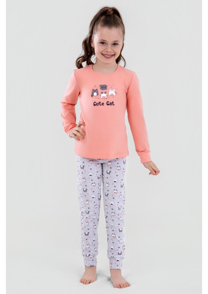 Kız Çocuk Pamuklu Bisiklet Yaka Kedi Baskılı Uzun Kollu Pijama Takımı 9248 Koyu Somon fiyatları