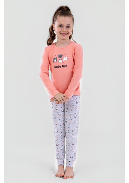 Kız Çocuk Pamuklu Bisiklet Yaka Kedi Baskılı Uzun Kollu Pijama Takımı 9248 Koyu Somon modelleri