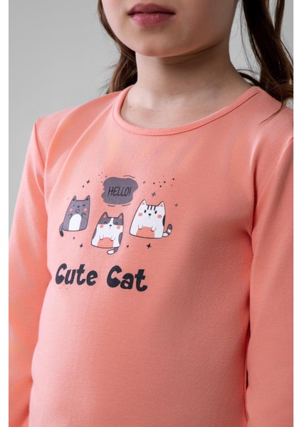 Kız Çocuk Pamuklu Bisiklet Yaka Kedi Baskılı Uzun Kollu Pijama Takımı 9248 Koyu Somon indirimleri