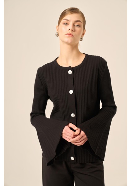 Kadın Volan Kol Detaylı Hırka Siyah 20898