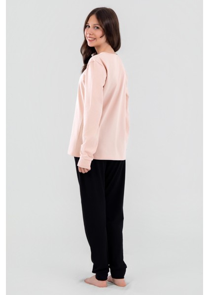 Genç Kız Çocuk Pamuklu Bisiklet Yaka Kalp Baskılı Uzun Kollu Pijama Takımı 9253 Somon modelleri