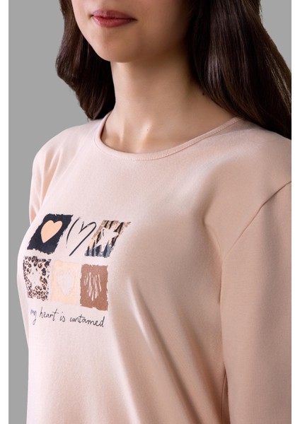 Genç Kız Çocuk Pamuklu Bisiklet Yaka Kalp Baskılı Uzun Kollu Pijama Takımı 9253 Somon fırsatları