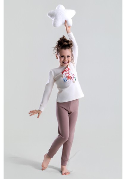 Kız Çocuk Pamuklu Bisiklet Yaka Happy Baskılı Uzun Kollu Pijama Takımı 9249 Vızon