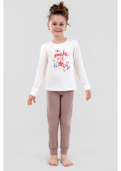 Kız Çocuk Pamuklu Bisiklet Yaka Happy Baskılı Uzun Kollu Pijama Takımı 9249 Vızon fırsatları