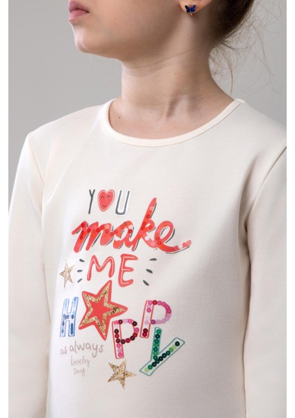 Kız Çocuk Pamuklu Bisiklet Yaka Happy Baskılı Uzun Kollu Pijama Takımı 9249 Vızon indirimleri