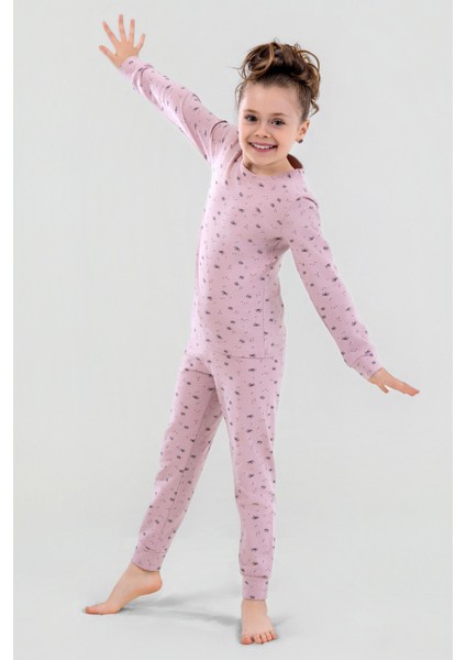 Kız Çocuk Pamuklu Bisiklet Yaka Kelebek Baskılı Uzun Kollu Pijama Takımı 9247 Pembe
