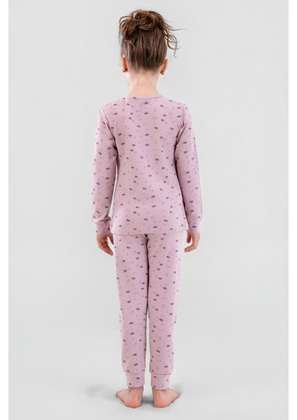 Kız Çocuk Pamuklu Bisiklet Yaka Kelebek Baskılı Uzun Kollu Pijama Takımı 9247 Pembe modelleri