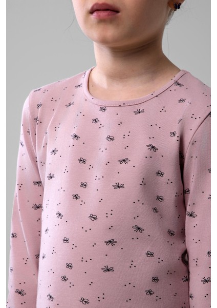 Kız Çocuk Pamuklu Bisiklet Yaka Kelebek Baskılı Uzun Kollu Pijama Takımı 9247 Pembe fırsatları