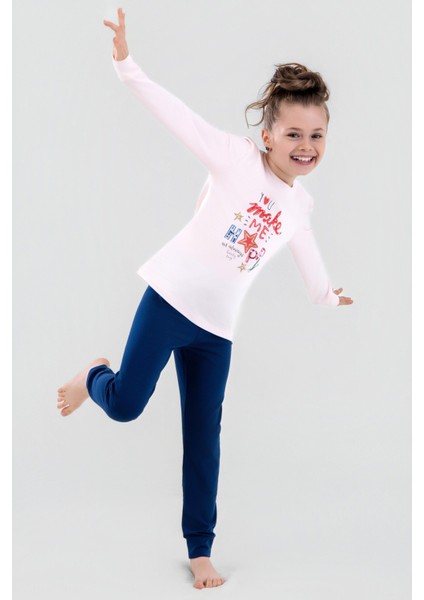 Kız Çocuk Pamuklu Bisiklet Yaka Happy Baskılı Uzun Kollu Pijama Takımı 9249 Lacivert
