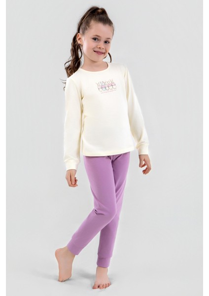 Kız Çocuk Pamuklu Bisiklet Yaka Tavşan Baskılı Uzun Kollu Pijama Takımı 9246 Lila