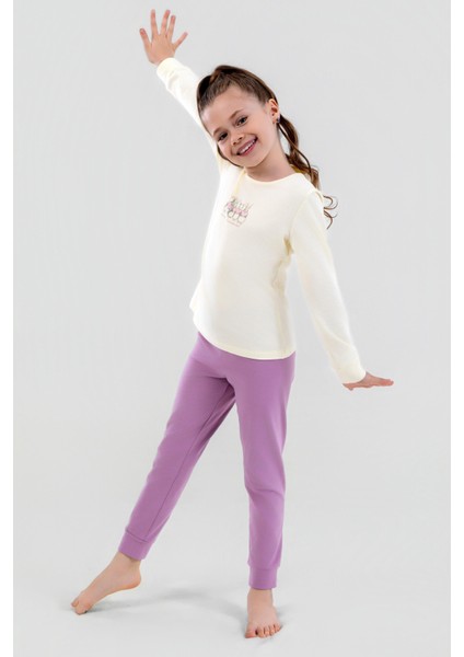 Kız Çocuk Pamuklu Bisiklet Yaka Tavşan Baskılı Uzun Kollu Pijama Takımı 9246 Lila modelleri