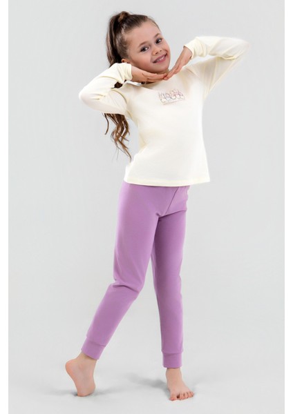 Kız Çocuk Pamuklu Bisiklet Yaka Tavşan Baskılı Uzun Kollu Pijama Takımı 9246 Lila fırsatları