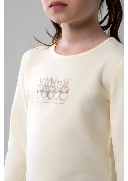 Kız Çocuk Pamuklu Bisiklet Yaka Tavşan Baskılı Uzun Kollu Pijama Takımı 9246 Lila indirimleri