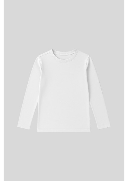 Beyaz O Yaka Standart Fit Basic Uzun Kollu Unisex Çocuk T-Shirt - 11329