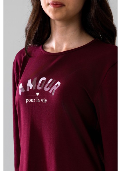 Genç Kız Çocuk Pamuklu Bisiklet Yaka Amour Baskılı Uzun Kollu Pijama Takımı 9252 Bordo fiyatları