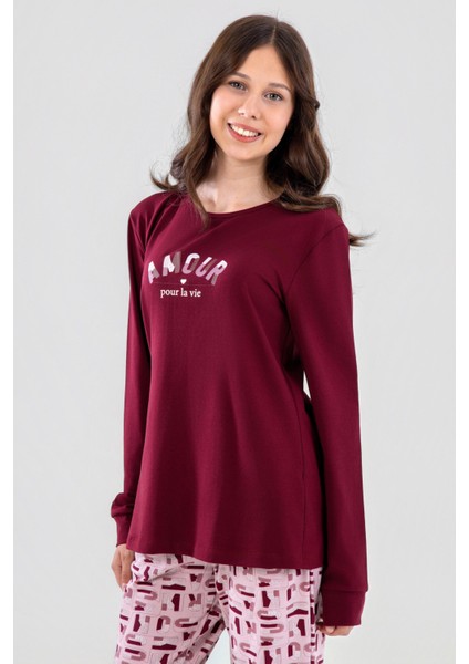 Genç Kız Çocuk Pamuklu Bisiklet Yaka Amour Baskılı Uzun Kollu Pijama Takımı 9252 Bordo modelleri