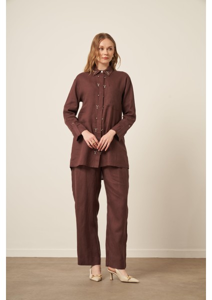 Kadın Ham Keten Takım Kahve 31115 fırsatları