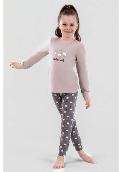 Kız Çocuk Pamuklu Bisiklet Yaka Kedi Baskılı Uzun Kollu Pijama Takımı 9248 Bej fiyatları