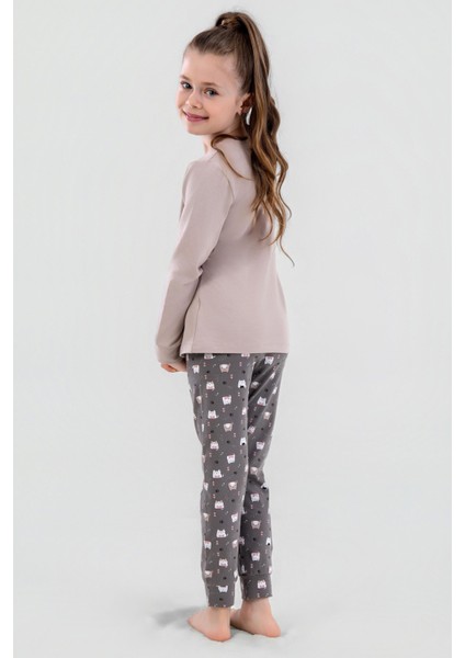 Kız Çocuk Pamuklu Bisiklet Yaka Kedi Baskılı Uzun Kollu Pijama Takımı 9248 Bej fırsatları
