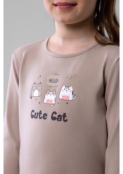 Kız Çocuk Pamuklu Bisiklet Yaka Kedi Baskılı Uzun Kollu Pijama Takımı 9248 Bej indirimleri