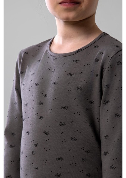 Kız Çocuk Pamuklu Bisiklet Yaka Kelebek Baskılı Uzun Kollu Pijama Takımı 9247 Füme fırsatları