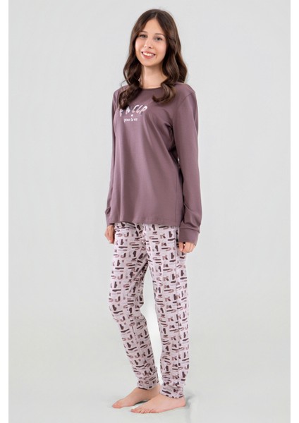 Genç Kız Çocuk Pamuklu Bisiklet Yaka Amour Baskılı Uzun Kollu Pijama Takımı 9252 Füme