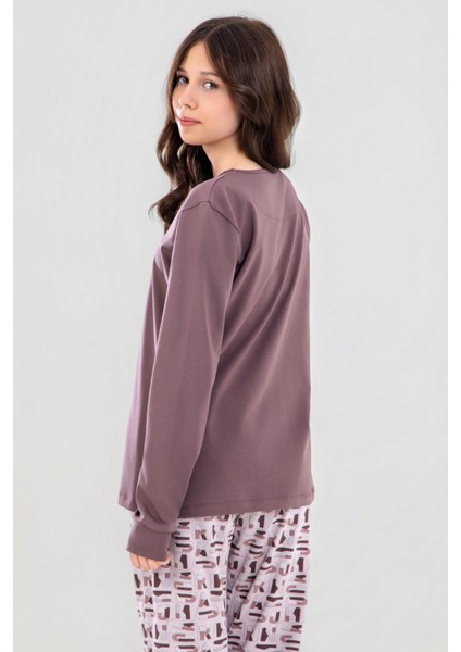 Genç Kız Çocuk Pamuklu Bisiklet Yaka Amour Baskılı Uzun Kollu Pijama Takımı 9252 Füme modelleri
