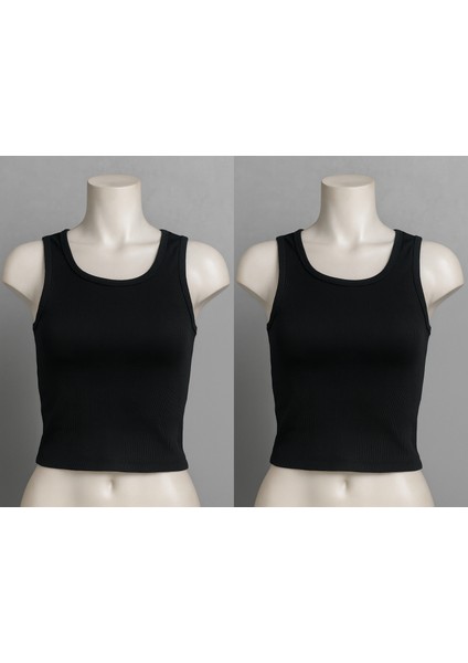 Kadın 2'li Set Vücuda Oturan Fitted Basic Yaka Crop Atlet