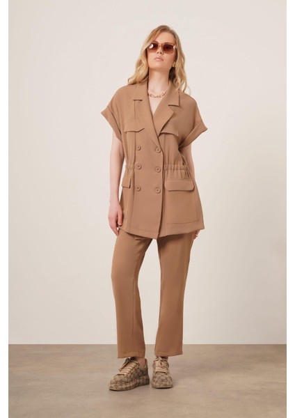 Kadın Crep Pantolonlu Takım Vizon 31173