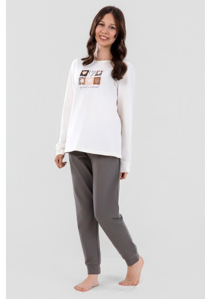 Genç Kız Çocuk Pamuklu Bisiklet Yaka Kalp Baskılı Uzun Kollu Pijama Takımı 9253 Beyaz