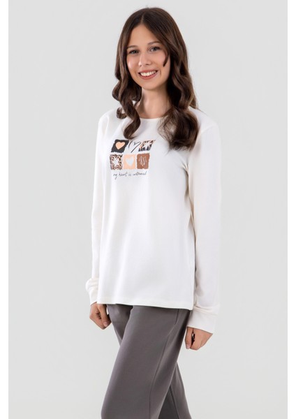 Genç Kız Çocuk Pamuklu Bisiklet Yaka Kalp Baskılı Uzun Kollu Pijama Takımı 9253 Beyaz fiyatları