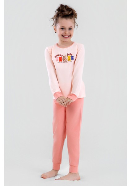 Kız Çocuk Pamuklu Bisiklet Yaka Jelly Ayıcık Baskılı Uzun Kollu Pijama Takımı 9250 Koyu Somon