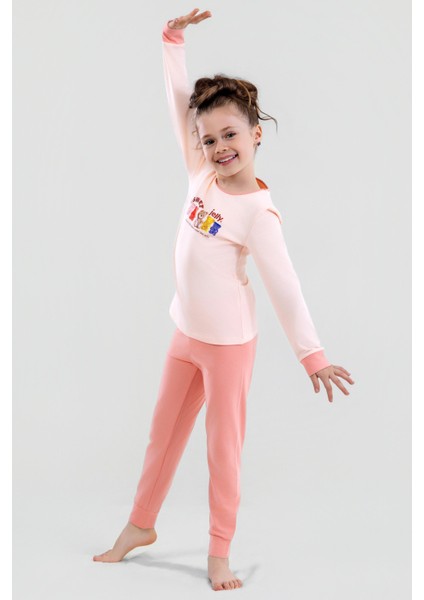 Kız Çocuk Pamuklu Bisiklet Yaka Jelly Ayıcık Baskılı Uzun Kollu Pijama Takımı 9250 Koyu Somon modelleri