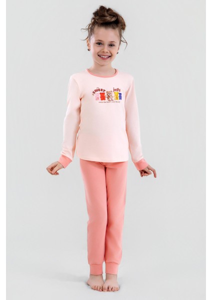 Kız Çocuk Pamuklu Bisiklet Yaka Jelly Ayıcık Baskılı Uzun Kollu Pijama Takımı 9250 Koyu Somon fırsatları
