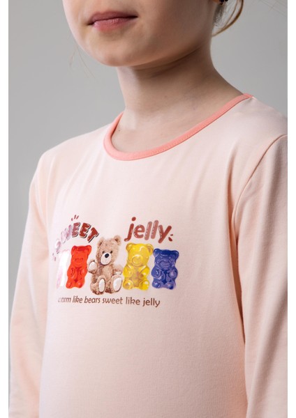 Kız Çocuk Pamuklu Bisiklet Yaka Jelly Ayıcık Baskılı Uzun Kollu Pijama Takımı 9250 Koyu Somon indirimleri
