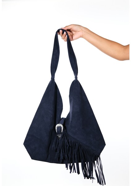 Rosalın Lacivert Hakiki Deri Süet Kadın Omuz Çantası