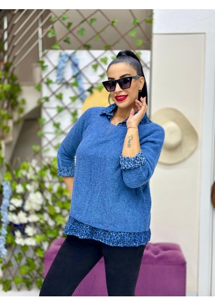 NC516021 Italyan Leopar Desen Fularlı Erkek Yaka Kazak Saks